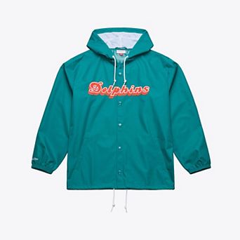 Men's Mitchell & Ness Aqua Miami Dolphins Coaches Full-Snap Hooded Windbreaker Jacket