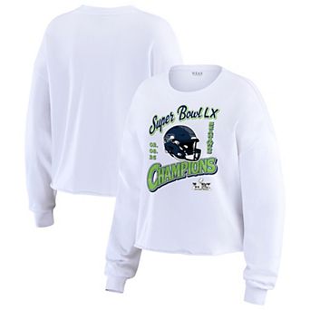 Women's WEAR by Erin Andrews White Seattle Seahawks Super Bowl LX Champions Cropped Long Sleeve T-Shirt