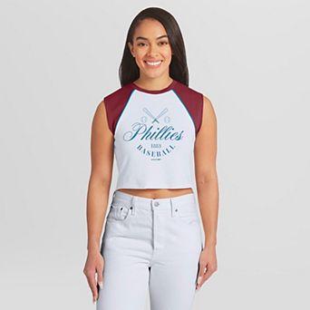 Women's WEAR by Erin Andrews White Philadelphia Phillies Cooperstown Cropped Raglan Tank Top