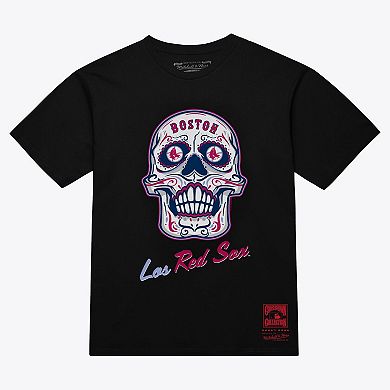 Women's Mitchell & Ness Black Boston Red Sox Sugar Skull Boxy T-Shirt