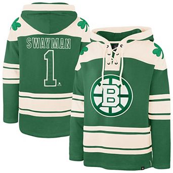 Men's '47 Jeremy Swayman Kelly Green Boston Bruins St. Patrick's Day Player Name & Number Lacer Pullover Hoodie