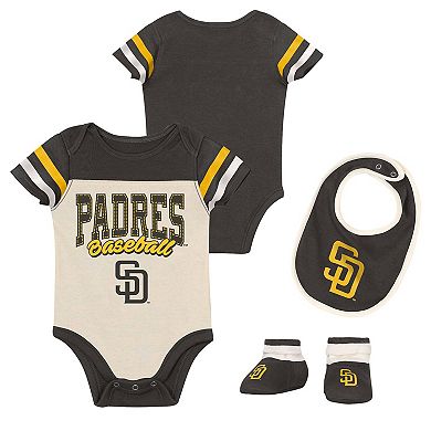 "Newborn Outerstuff Brown San Diego Padres Up One Three-Piece Bodysuit, Bib & Booties Set"