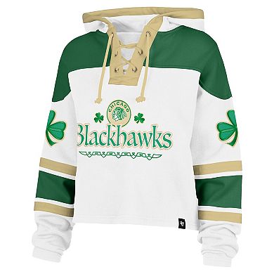 Women's '47 White Chicago Blackhawks McLucky Cropped Lacer Hoodie