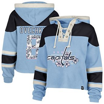 Women's '47 Alexander Ovechkin Light Blue Washington Capitals Cherry Blossom Superior Lacer Cropped Pullover Hoodie
