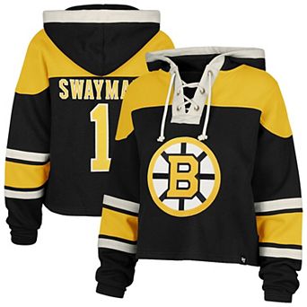 Women's '47 Jeremy Swayman Black Boston Bruins Superior Lacer Cropped Pullover Hoodie