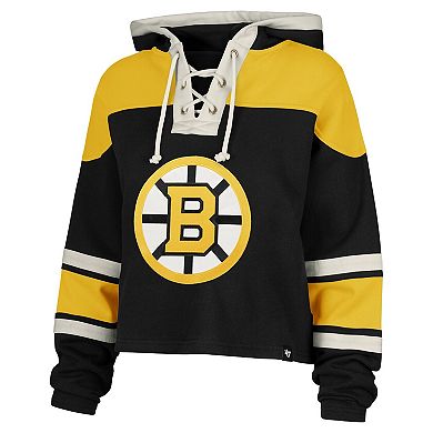 Women's '47 Jeremy Swayman Black Boston Bruins Superior Lacer Cropped Pullover Hoodie