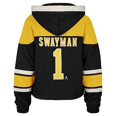 Women's '47 Jeremy Swayman Black Boston Bruins Superior Lacer Cropped Pullover Hoodie