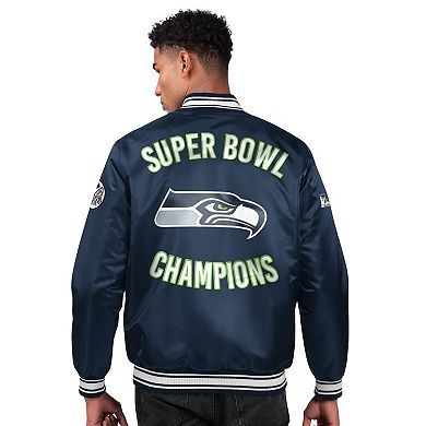 Men's Starter College Navy Seattle Seahawks Two-Time Super Bowl Champions Varsity Satin Full-Snap Jacket