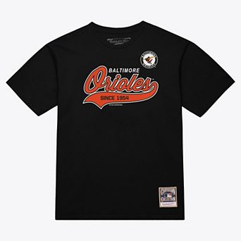Men's Mitchell & Ness Black Baltimore Orioles Script Sweep Arch T-Shirt