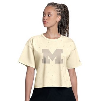 Women's Starter Cream Michigan Wolverines Rhinestone Sprinkle Boxy Cropped T-Shirt