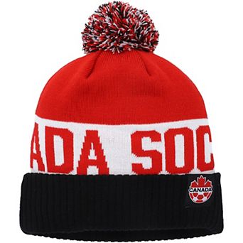 Men's Nike Black/Red Canada Soccer Classic Stripe Cuffed Knit Hat with Pom