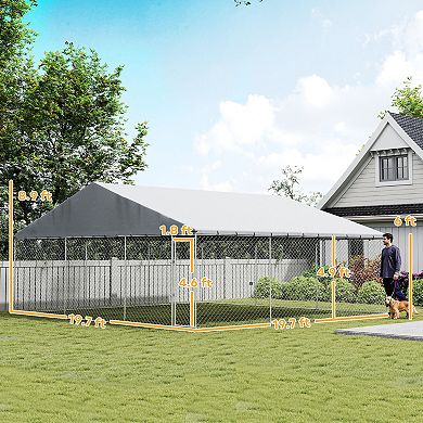 PawHut 19.7ft x 19.7ft x 8.9ft Outdoor Dog Kennel with Roof, Secure Latch