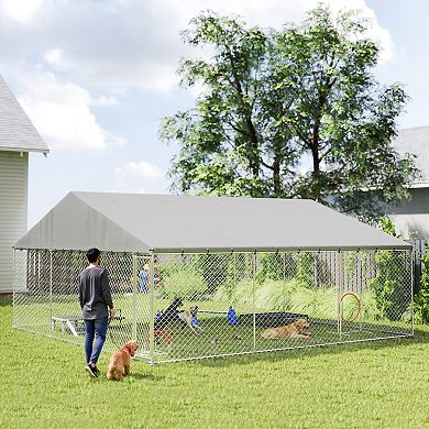 PawHut 19.7ft x 19.7ft x 8.9ft Outdoor Dog Kennel with Roof, Secure Latch