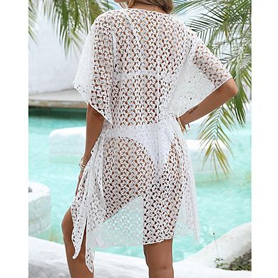 Women's Deep V Neck Batwing Sleeve Crochet Lace Tie Waist Midi Cover Up