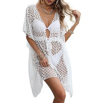 Women's Deep V Neck Batwing Sleeve Crochet Lace Tie Waist Midi Cover Up