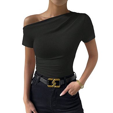 Women's Off Shoulder Short Sleeve Ruched Side Slim Fit Cropped Blouse Top