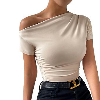 Women's Off Shoulder Short Sleeve Ruched Side Slim Fit Cropped Blouse Top