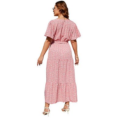 Curvy Tiered Maxi Dress - Plus Size V-Neck Wrap with Self-Tie Belt