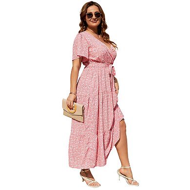 Curvy Tiered Maxi Dress - Plus Size V-Neck Wrap with Self-Tie Belt