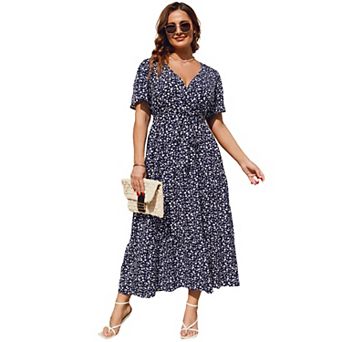 Curvy Tiered Maxi Dress - Plus Size V-Neck Wrap with Self-Tie Belt