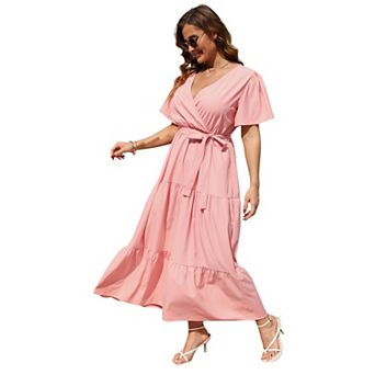 Curvy Tiered Maxi Dress - Plus Size V-Neck Wrap with Self-Tie Belt
