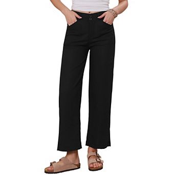 Linen Pants for Women Casual Lightweight Wide Leg Elastic Waist Button Trousers with Pockets