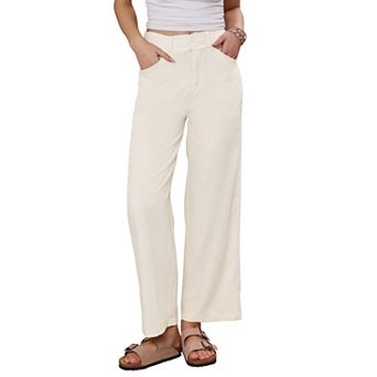 Linen Pants for Women Casual Lightweight Wide Leg Elastic Waist Button Trousers with Pockets