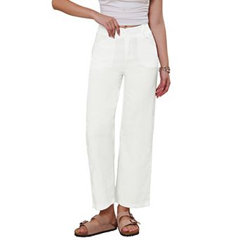 Linen Pants for Women Casual Lightweight Wide Leg Elastic Waist Button Trousers with Pockets