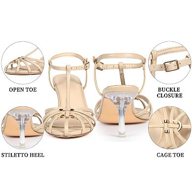 Women's Strappy High Heel Sandal Ankle Buckle Strap Stiletto Heels Round-Toe T-Strap Sandals