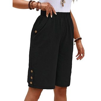 Women's Casual Dressy Bermuda Shorts Elastic Waist Side Slit Loose Fit Button Work Office Shorts