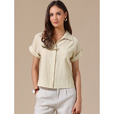 Button Up Shirt for Women's Casual Work Short Sleeve Summer Collared Blouse