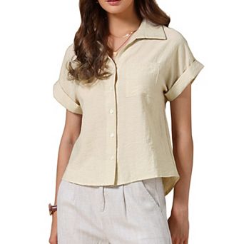 Button Up Shirt for Women's Casual Work Short Sleeve Summer Collared Blouse