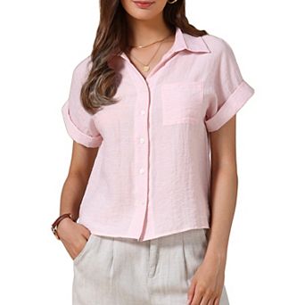 Button Up Shirt for Women's Casual Work Short Sleeve Summer Collared Blouse