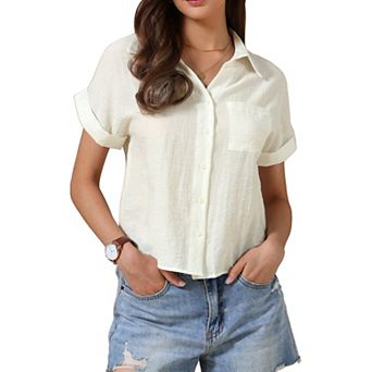 Button Up Shirt for Women's Casual Work Short Sleeve Summer Collared Blouse