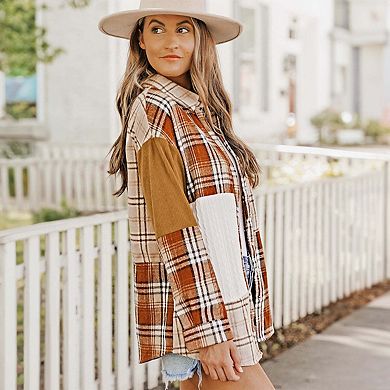 Orange Plaid Color Block Patchwork Shirt Jacket with Pocket