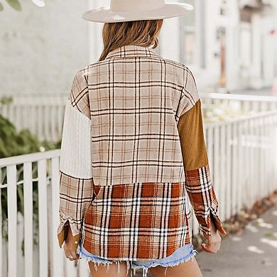 Orange Plaid Color Block Patchwork Shirt Jacket with Pocket