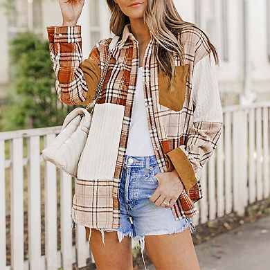 Orange Plaid Color Block Patchwork Shirt Jacket with Pocket