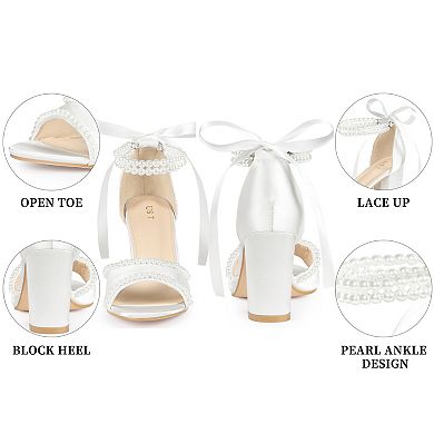 Women's Open Toe Block Heel Sandal Lace Up Pearl High Heels Satin Sandals