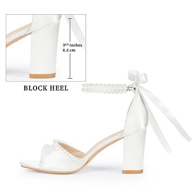 Women's Open Toe Block Heel Sandal Lace Up Pearl High Heels Satin Sandals
