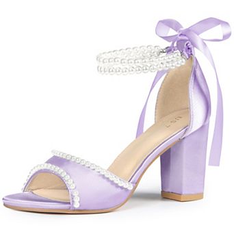 Women's Open Toe Block Heel Sandal Lace Up Pearl High Heels Satin Sandals