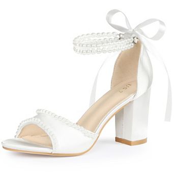 Women's Open Toe Block Heel Sandal Lace Up Pearl High Heels Satin Sandals