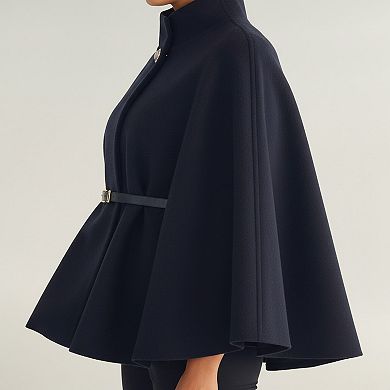Womens Structured Cape Style Top with High Neck and Waist Belt