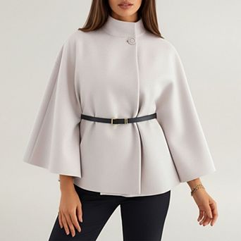 Womens Structured Cape Style Top with High Neck and Waist Belt