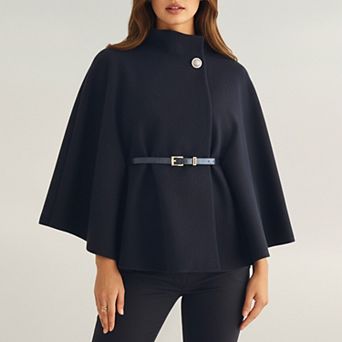 Womens Structured Cape Style Top with High Neck and Waist Belt