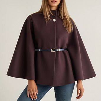 Womens Structured Cape Style Top with High Neck and Waist Belt