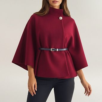 Womens Structured Cape Style Top with High Neck and Waist Belt