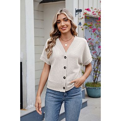 Women's Short Sleeve Casual V Neck Waffle Knit Button Down Shirts