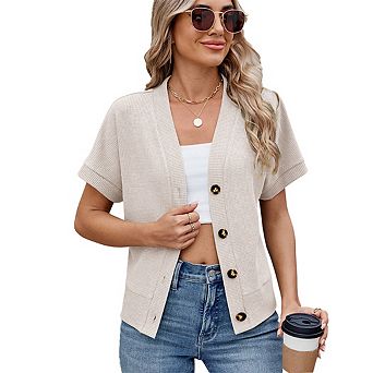 Women's Short Sleeve Casual V Neck Waffle Knit Button Down Shirts