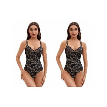 2 Packs Women's V-Neck Shapewear Jumpsuit Tummy Control Sleeveless Floral Lace Leotard Bodysuit