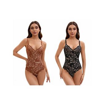 2 Packs Women's V-Neck Shapewear Jumpsuit Tummy Control Sleeveless Floral Lace Leotard Bodysuit